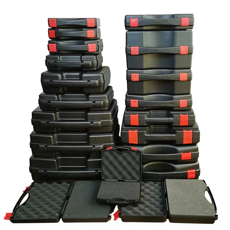 Multifunctional toolbox set: stacked portable plastic cases with red latches, Simples Market