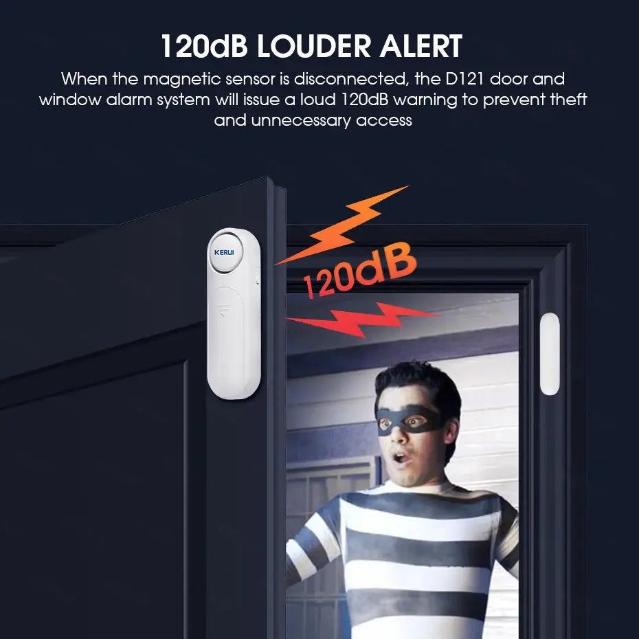 KERUI wireless door/window sensor alarm, two white sensors on door and window frames, 120dB alert