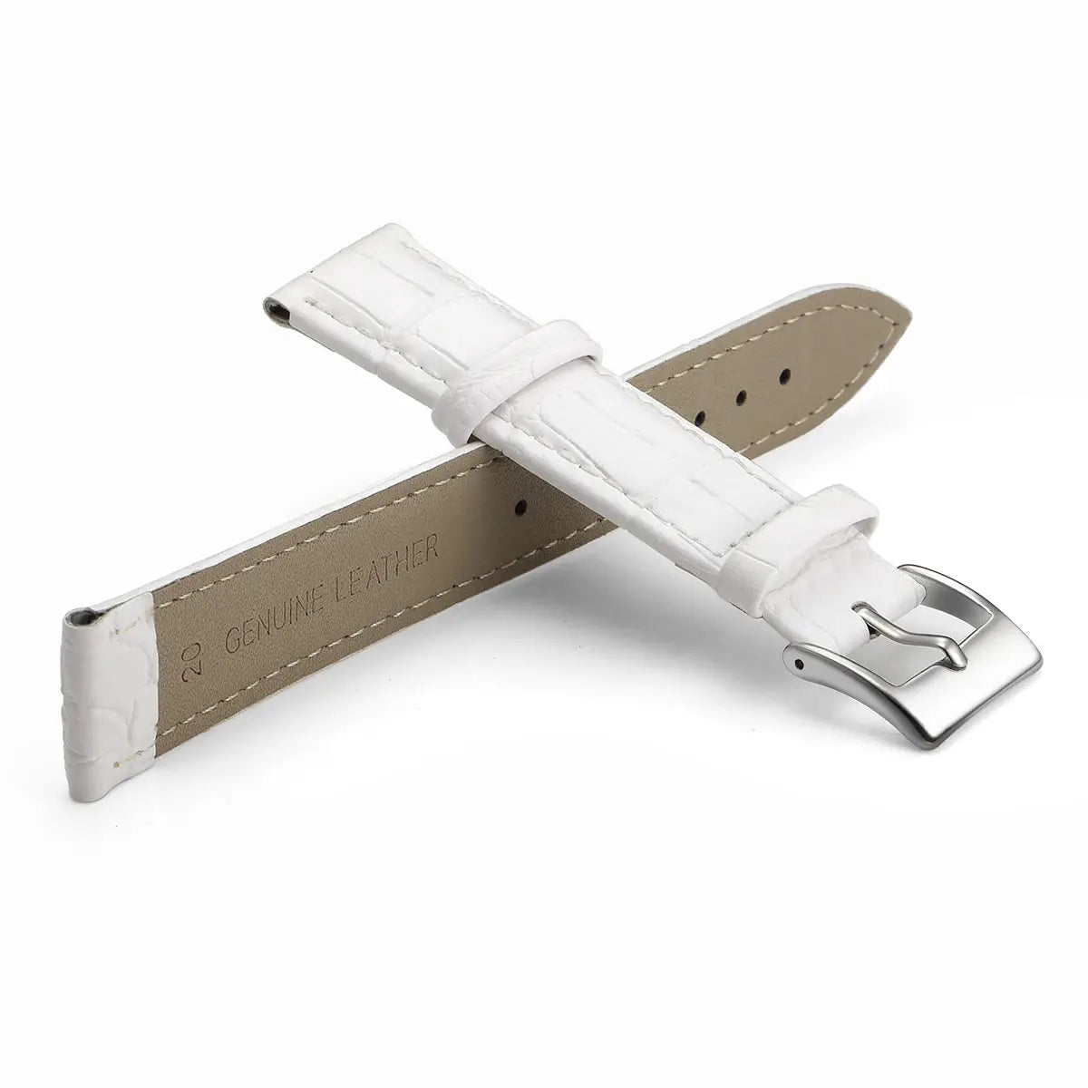 Two white crocodile-embossed genuine leather watch bands with tan lining and metal buckle