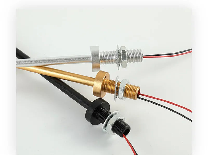 LED spotlight post lamps (3 pcs) in silver, gold, and black with threaded posts and red/black wiring