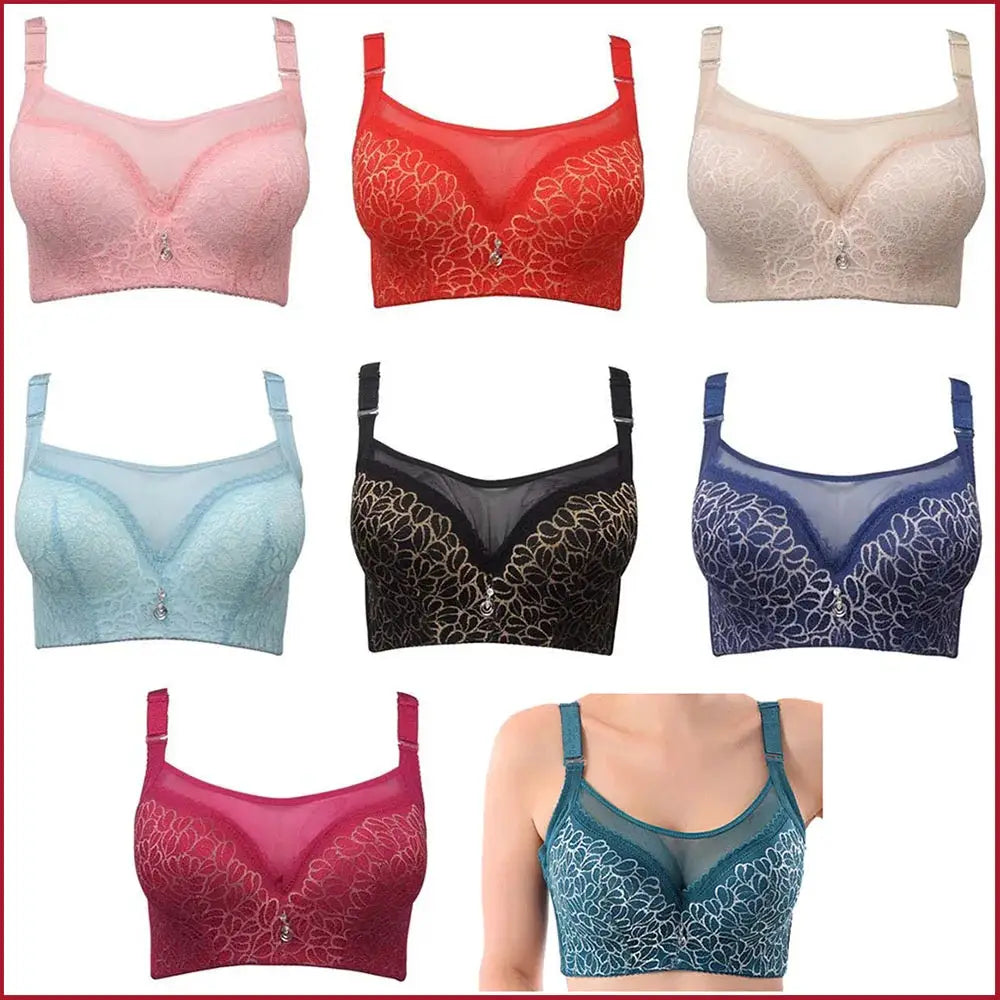 Bra set by Simples Market; lace push-up bras, 8-piece color assortment (pink, red, beige, blue, teal, black).