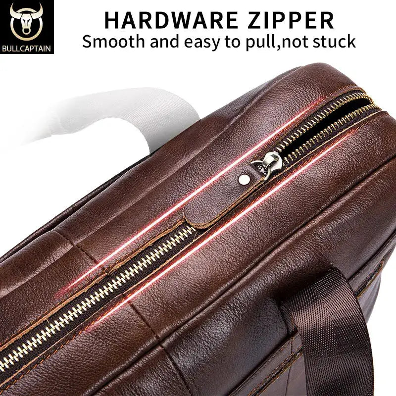 BullCaptain Leather Briefcase Messenger Bag for Men 14 Inch Laptop Compatible Genuine Cowhide for Office Professional