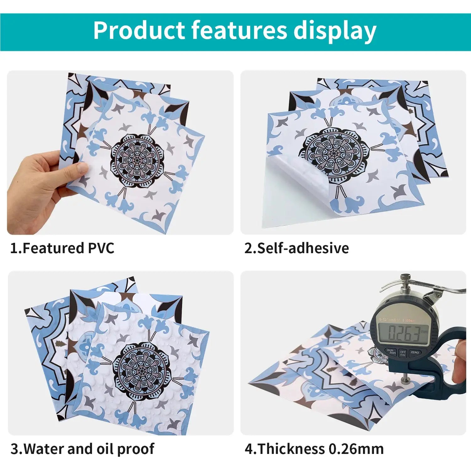Light blue tile wall decals, 24pcs set by Simples Market; self-adhesive, waterproof for kitchen or bathroom.