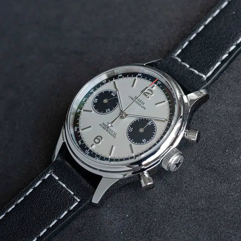 Sugess Panda pilot chronograph watch with silver dial, black subdials, black leather strap