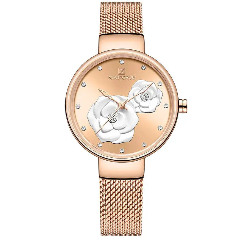 NAVIFORCE women's rose-gold steel mesh watch with floral dial, crystal markers and waterproof design