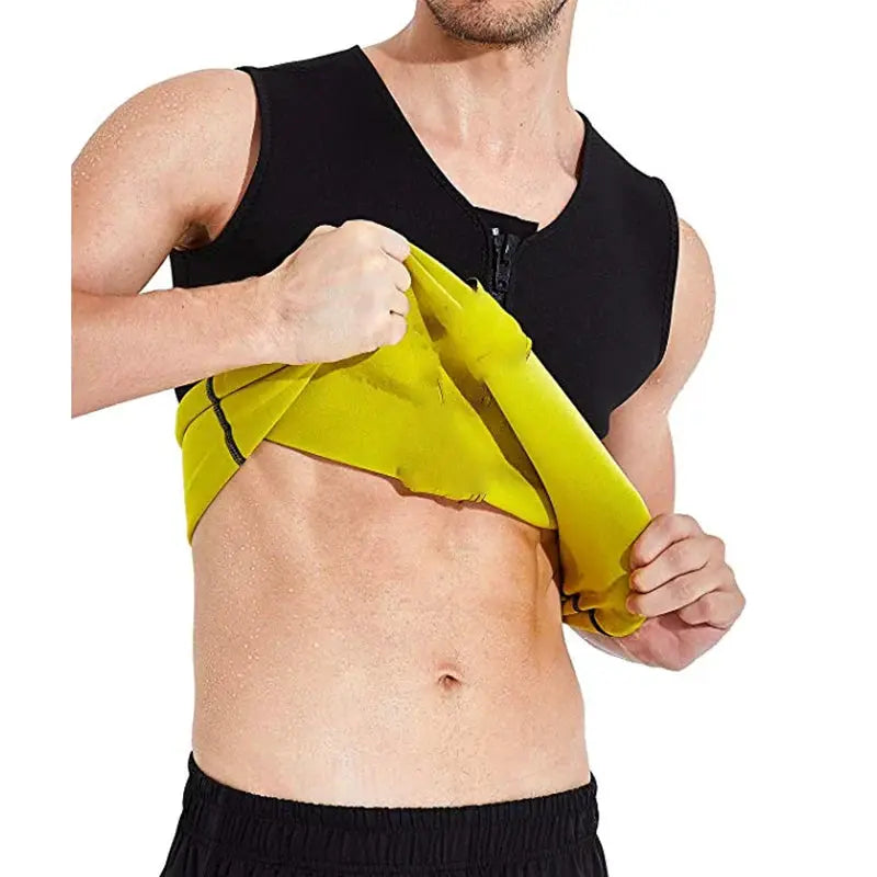 Men's waist trainer sauna vest in yellow, worn over a black sleeveless shirt