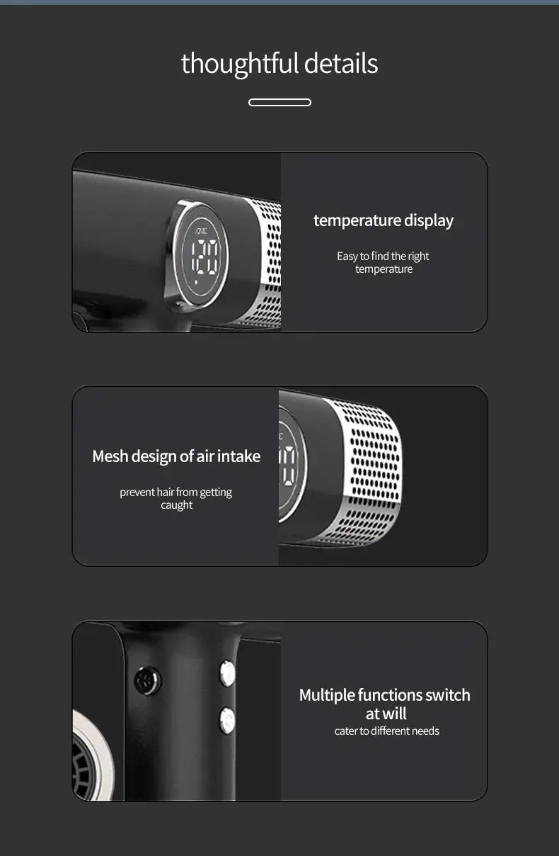 Hair dryer by Simples Market, 110000 RPM brushless motor with temperature display and mesh air intake.