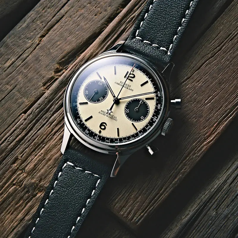 Sugess 1963 Pilot Watch, men's mechanical chronograph panda dial, cream face, black leather strap