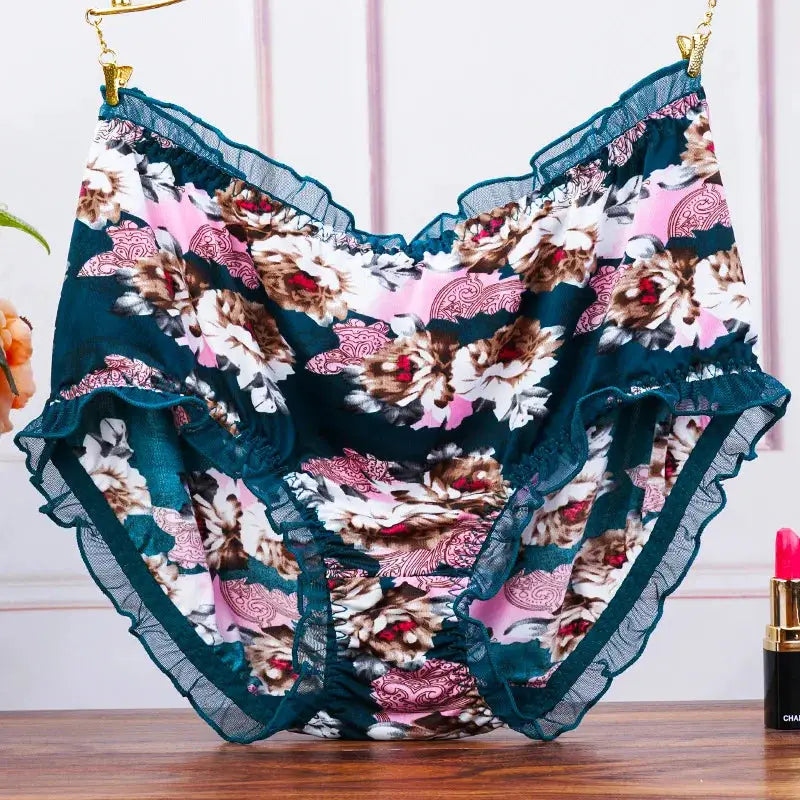 Simples Market floral print lace-trim mid-waist panties with teal ruffle trim