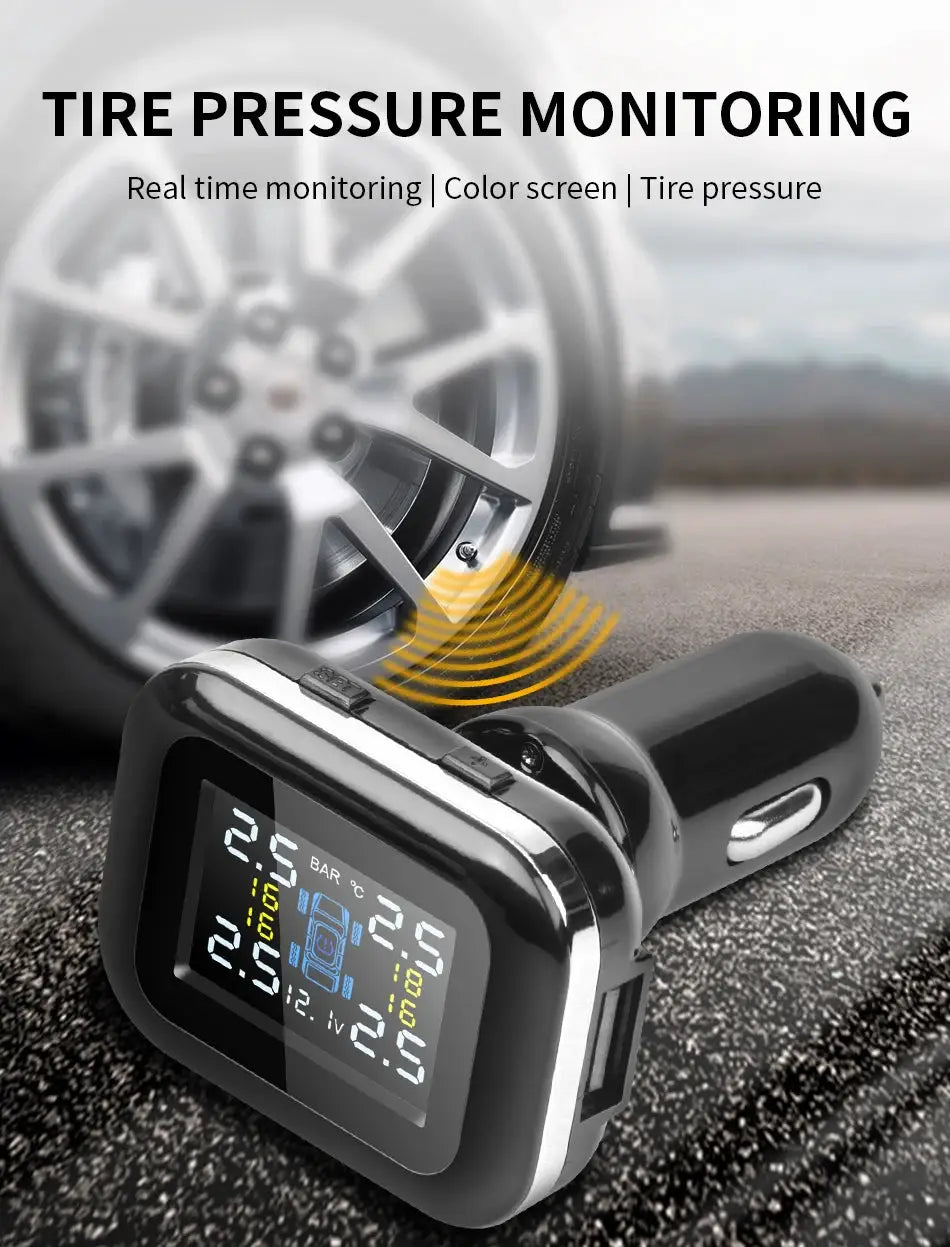 Car TPMS wireless tire pressure monitor with cigarette lighter plug; black device with digital display