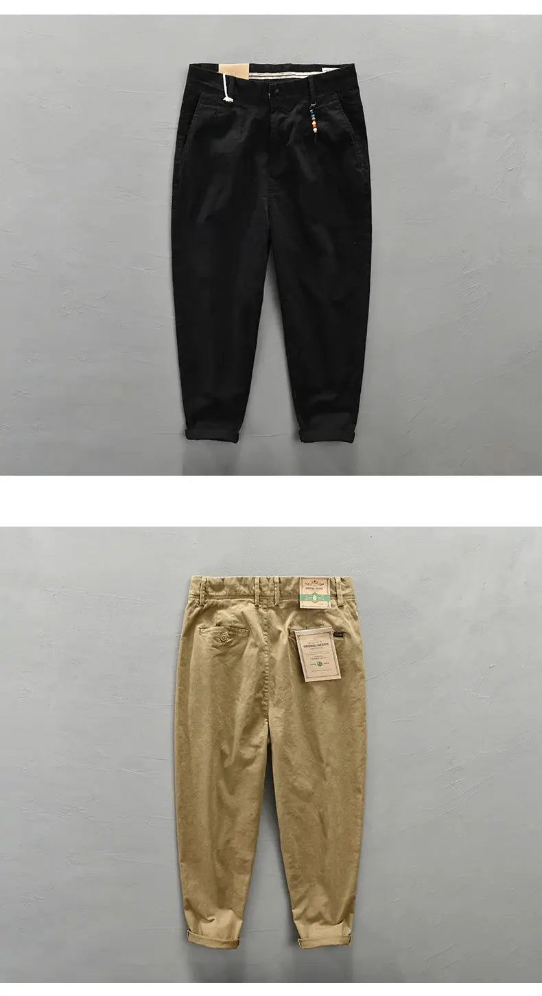 Two HIQOR men's pants from Simples Market: black cargo pants and khaki chinos, pure cotton