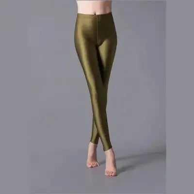 Women shiny metallic olive-gold leggings by Simples Market, spandex, full-length casual trousers