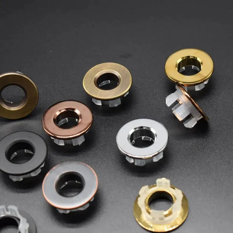Overflow hole decorative cover insert rings assortment for sinks, metallic finishes with white mounting tabs, 9 pcs