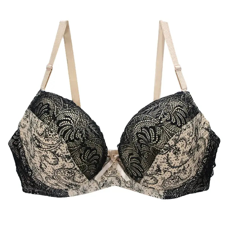 Lace push-up bra with black lace overlay on nude cups, beige straps