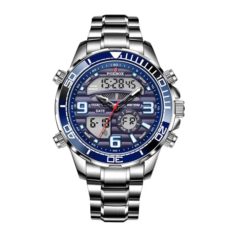 Foxbox stainless steel men's digital-analog sport watch with blue bezel