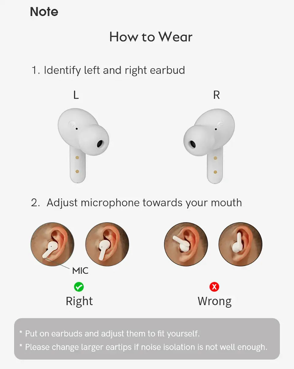 QCY T13 wireless earbuds, pair of white TWS in-ear headphones with left/right fit guidance and mic toward mouth.