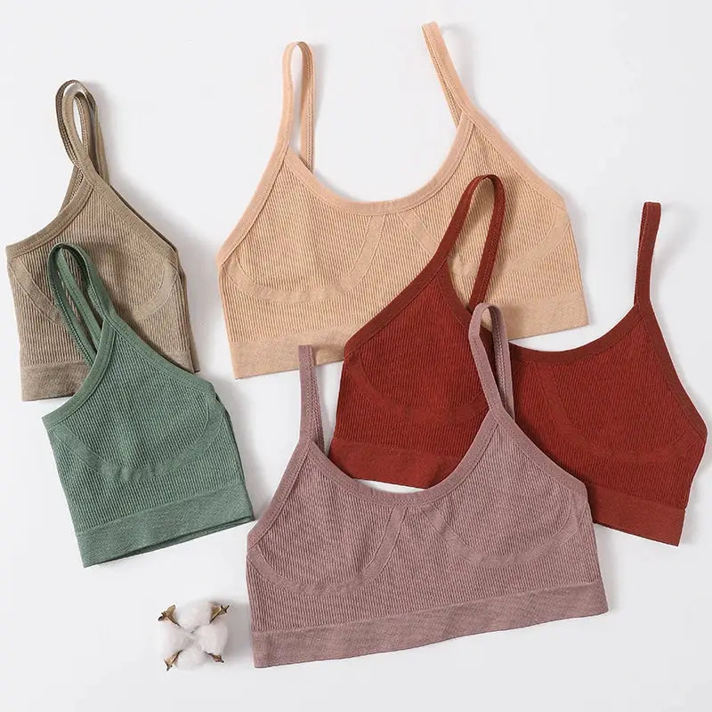 Five-piece seamless ribbed U-back bralette set by Simples Market in beige, taupe, green, mauve and red