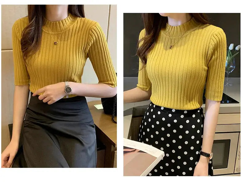 Women’s mustard yellow ribbed-knit short-sleeve blouse by Simples Market; crew-neck pullover shown in two outfits.