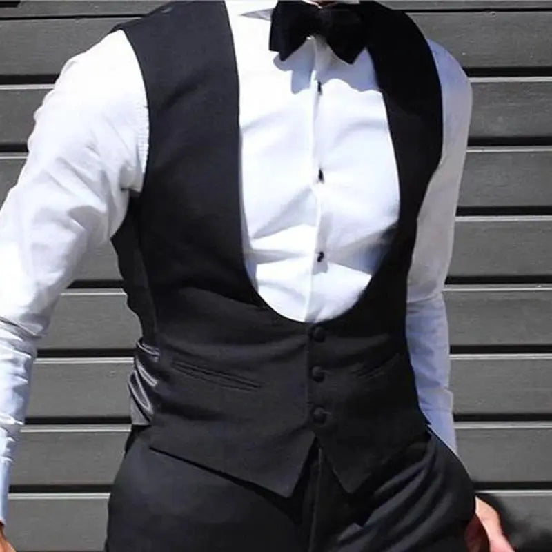 Men's black wedding vest, slim-fit waistcoat over white shirt with bow tie, solid color