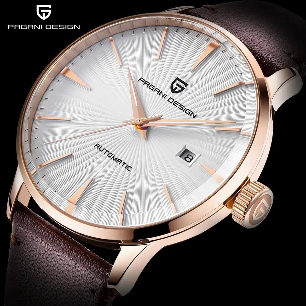 Pagani Design men's watch with rose-gold case, silver dial, brown leather strap, automatic movement, date window