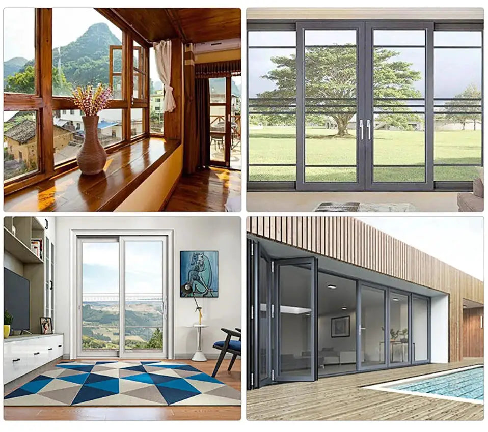 Smart door sensor collage: four modern doors and windows in wood and glass.