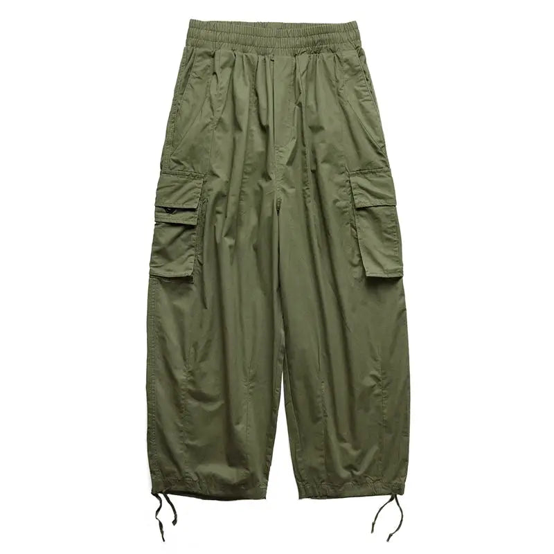 Simples Market multi-pocket olive green cargo pants, oversized wide-leg joggers with cargo pockets and drawstrings