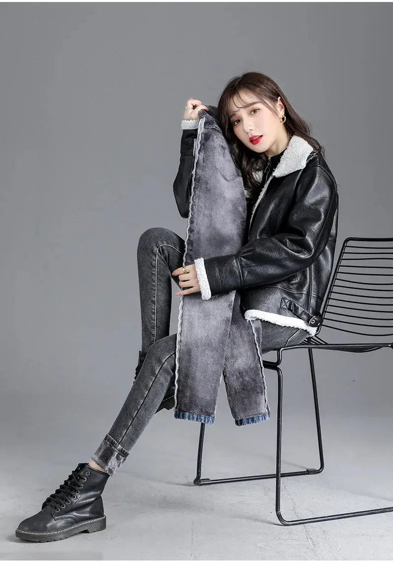 Thermal Winter Thick Fleece High Waist Stretch Skinny Jeans For Women