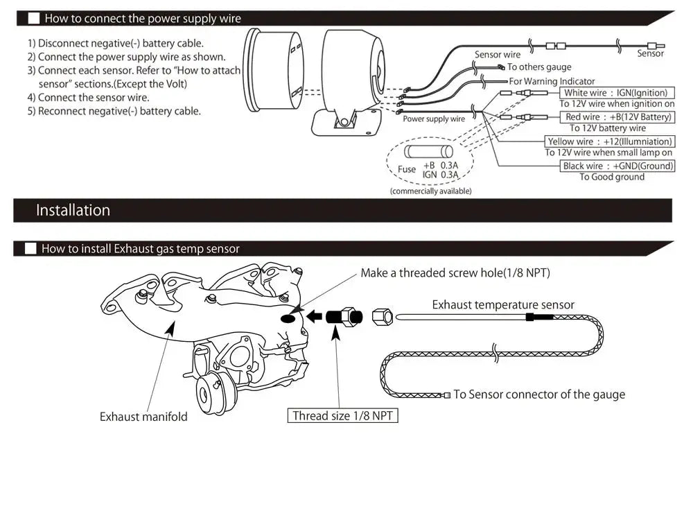 Simples Market universal 52mm 8-color racing gauge installation diagram with oil pressure and exhaust-temp sensor wiring