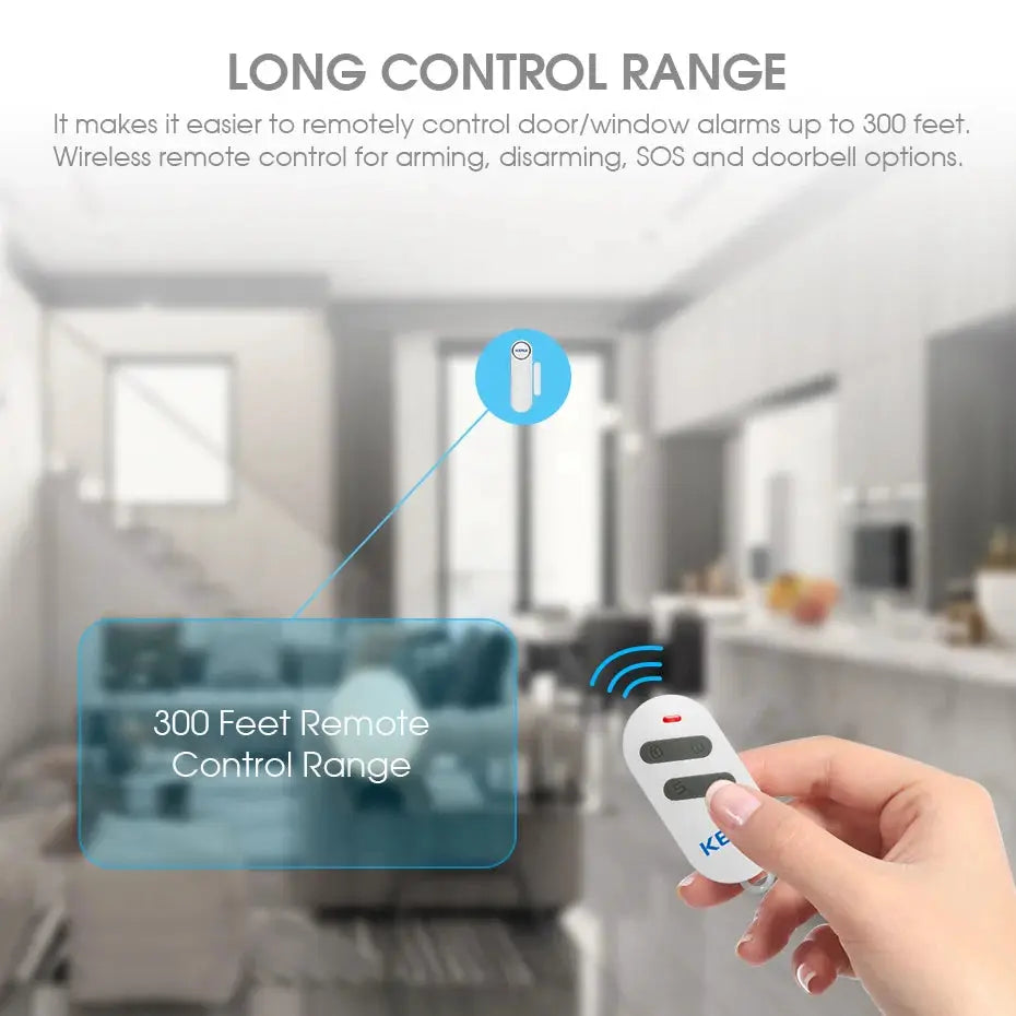 KERUI wireless door/window sensor alarm remote control, white handheld with black buttons, Simples Market, 300 ft range