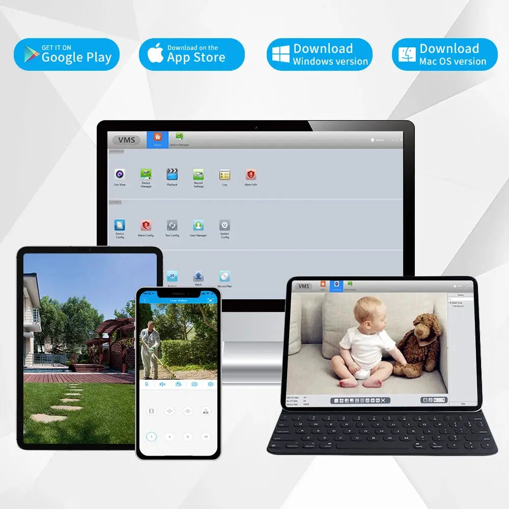 Simples Market 4-device CCTV surveillance system with VMS shown on laptop, tablet and smartphone