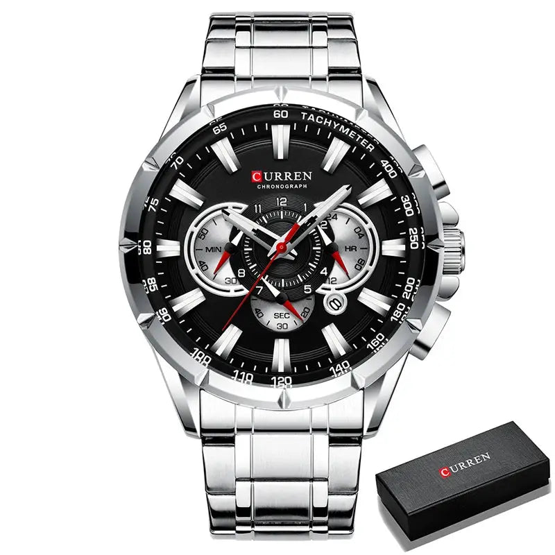 Relógio Curren masculino com cronógrafo, pulseira de aço inoxidável prateada e mostrador preto com três mostradores