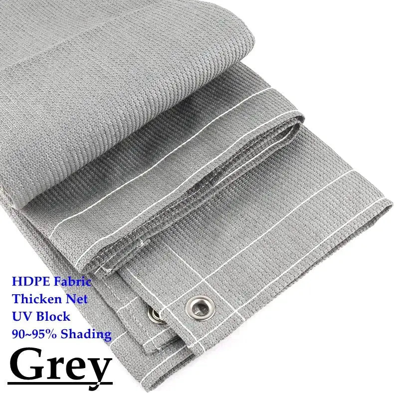 Grey HDPE sun shade net fabric with metal grommets, 95% UV-blocking shading for pergolas and gardens