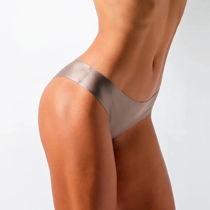 BANNIROU seamless thong underwear for women, ice silk fabric, taupe T-back panty