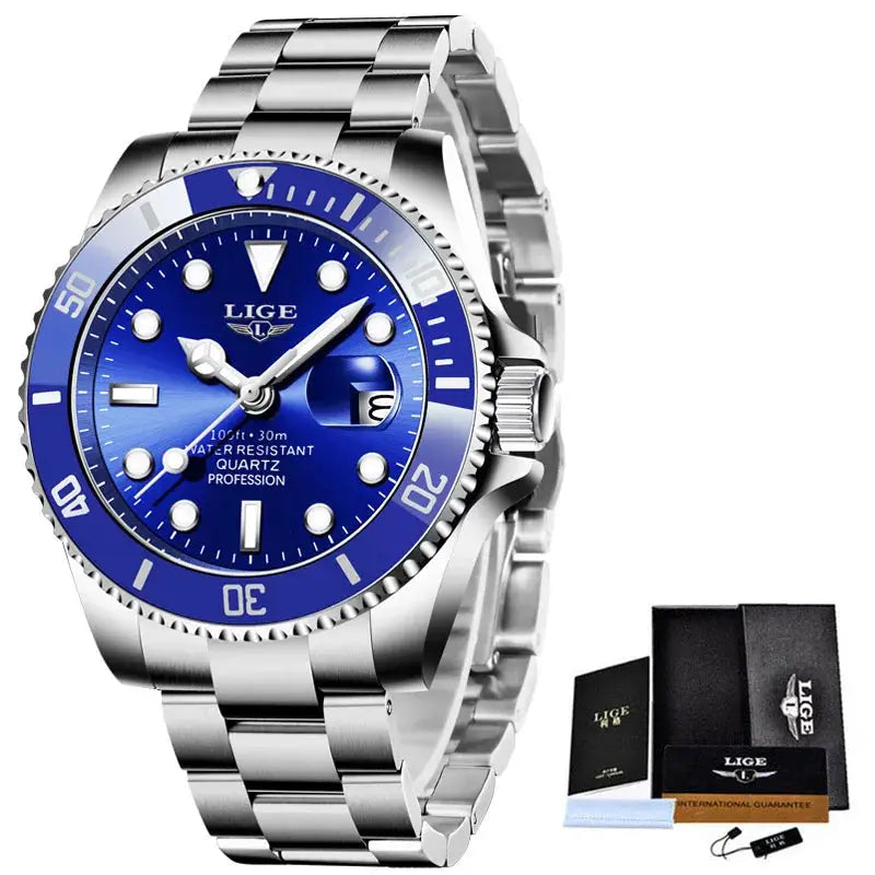 LIGE Luxury Fashion Diver Watch For Men 30ATM Waterproof Quartz Date Stainless Steel Wristwatch