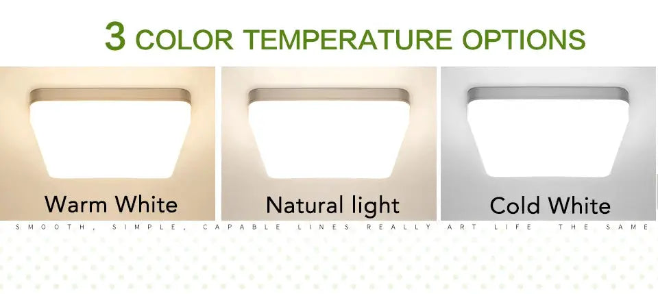 MARPOU Square LED Ceiling Lamp by Simples Market; shows warm white, natural light and cold white options.