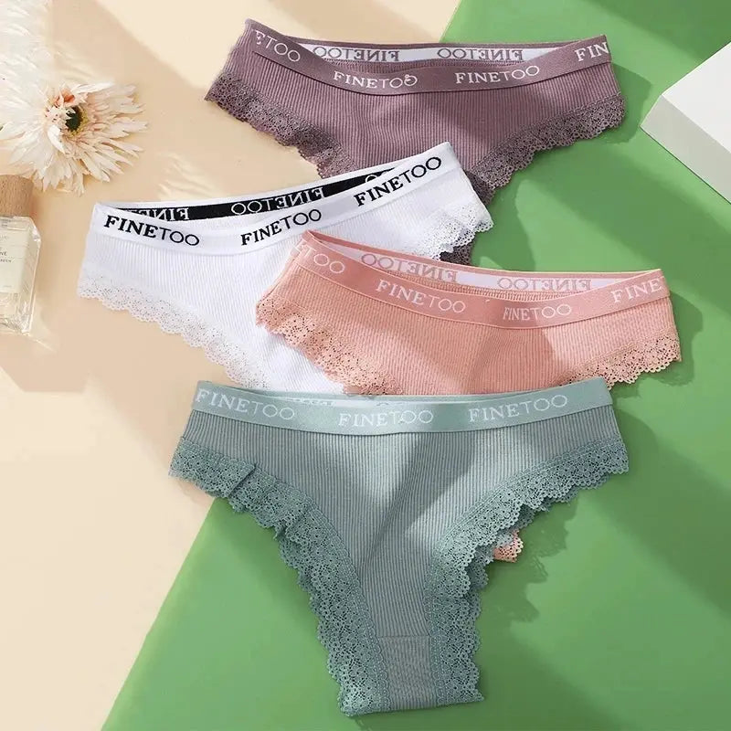 Simples Market sexy cotton lace panties set, 4 pastel Brazilian briefs with lace trim in purple, white, pink and teal