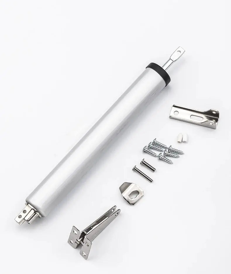 KAK 35kg soft-closing pneumatic door closer kit with mounting bracket, silver metal hardware