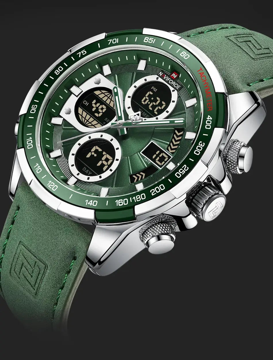 NAVIFORCE men's green military-style chronograph watch with steel case and green leather strap and tachymeter bezel