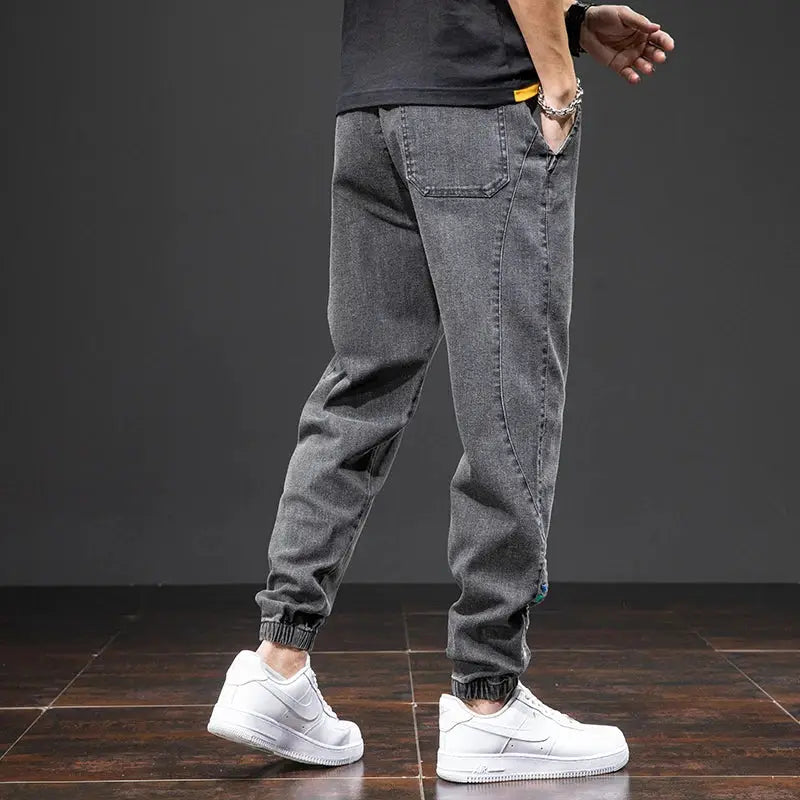 Men's cargo denim jogger jeans by Simples Market, gray-blue baggy streetwear pants