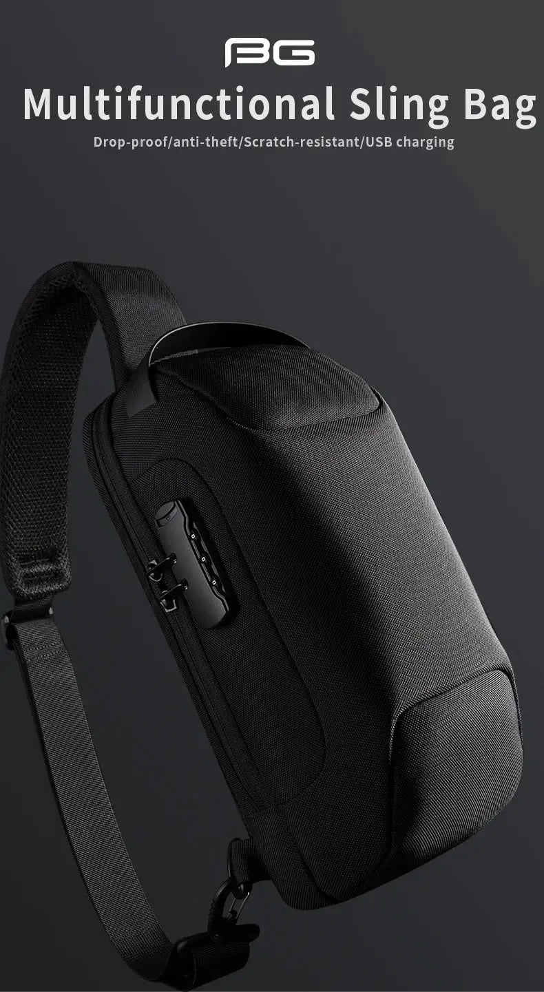 BANGE Multifunctional Sling Bag for men with USB charging port, black waterproof crossbody