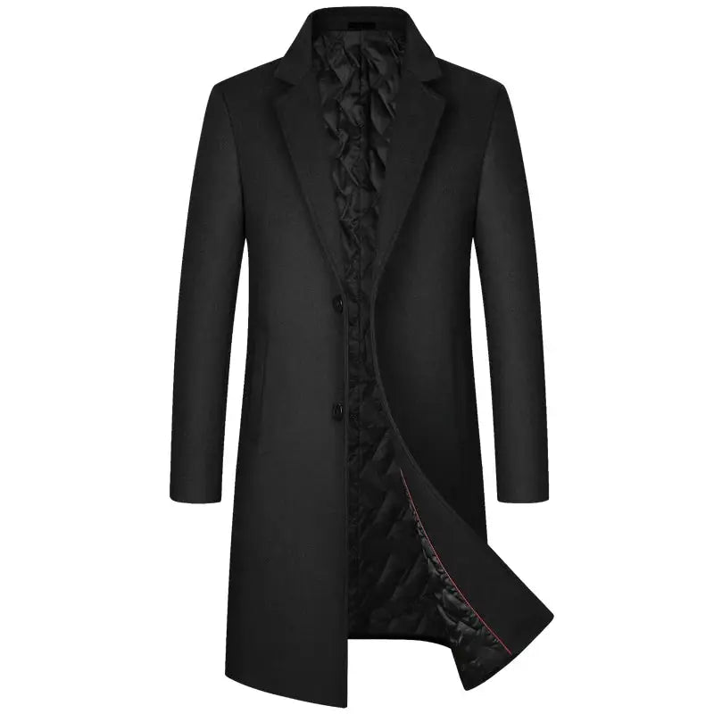 Simples Market men's black wool-blend long trench coat with lapels and quilted lining