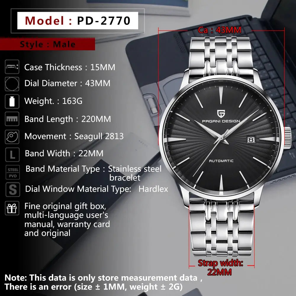 Pagani Design PD-2770 men's stainless steel watch with black dial and date window, automatic movement