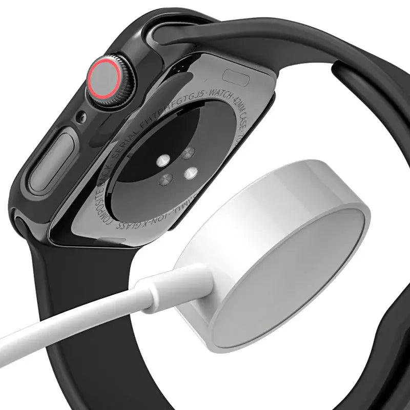Apple Watch tempered glass screen protector and protective cover for 40–45mm models, black watch band visible