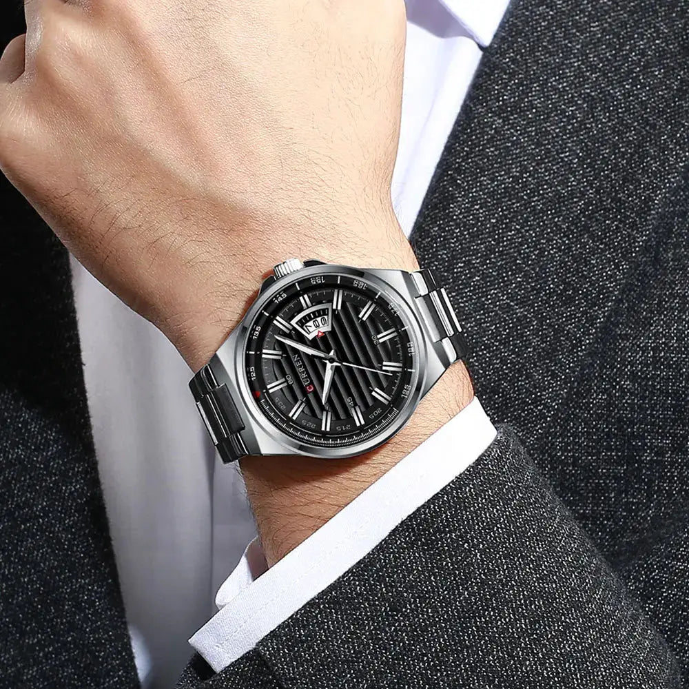 CURREN men's luxury watch on stainless steel band, black dial with auto date.