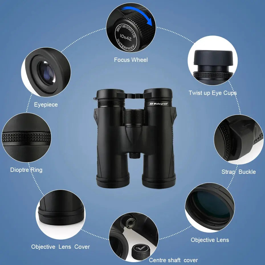 SVBONY SV47 binoculars in black with IPX7 waterproof rating and focus wheel