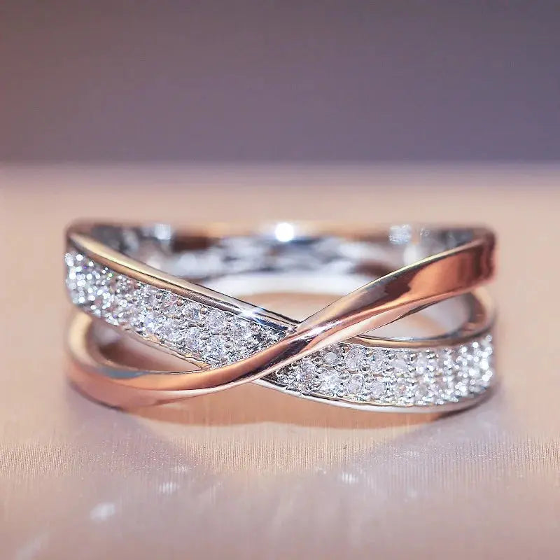 Huitan Two Tone X Shape Cross Ring For Women Wedding Jewelry Dazzling CZ Stone Large Modern Ring Fashion Accessory