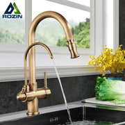 Rozin 2-in-1 antique-brass pull-out kitchen faucet with dual-swivel spray