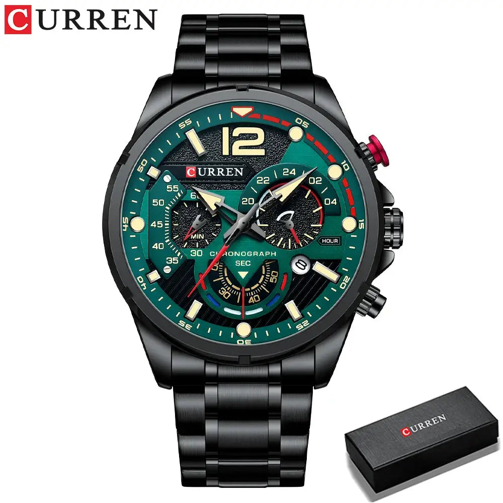 Curren men's chronograph watch with black stainless steel band, green dial, waterproof, multiple subdials, Curren box.
