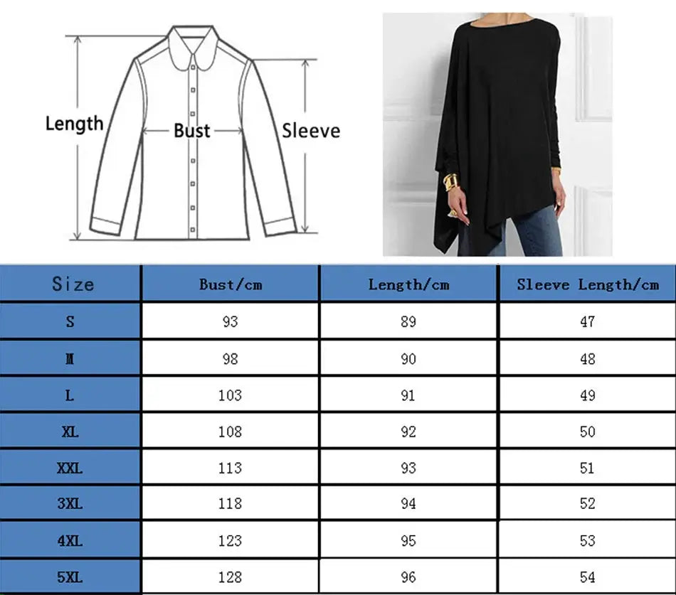 Cotton irregular women blouse by Simples Market, black long-sleeve O-neck pullover tunic with asymmetric hem; size chart