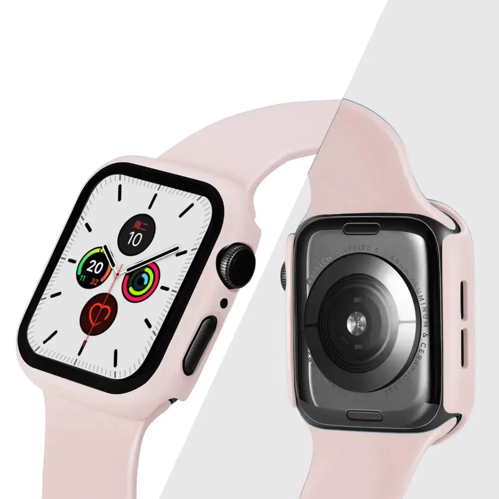 Tempered glass watch case and screen protector for Apple Watch, pink band, fits 40–45mm Series 4–9 SE by Simples Market
